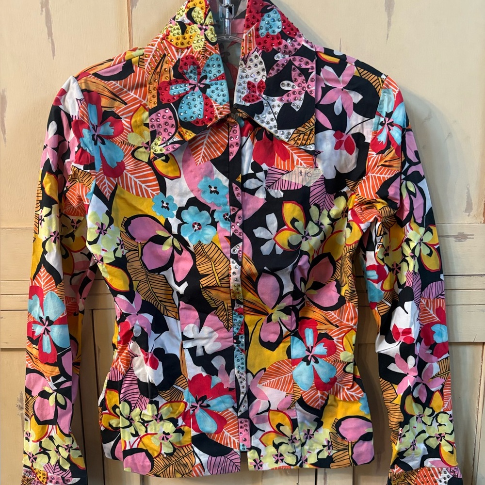 Floral Multicolor youth showmanship shirt.